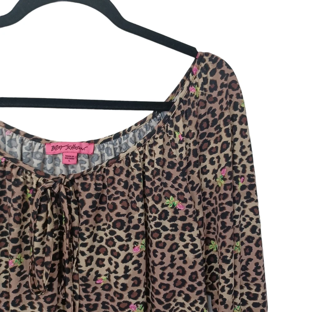 BETSEY JOHNSON Leopard Animal Print Floral Print Peasant Long Sleeve Top Large - Picture 3 of 7